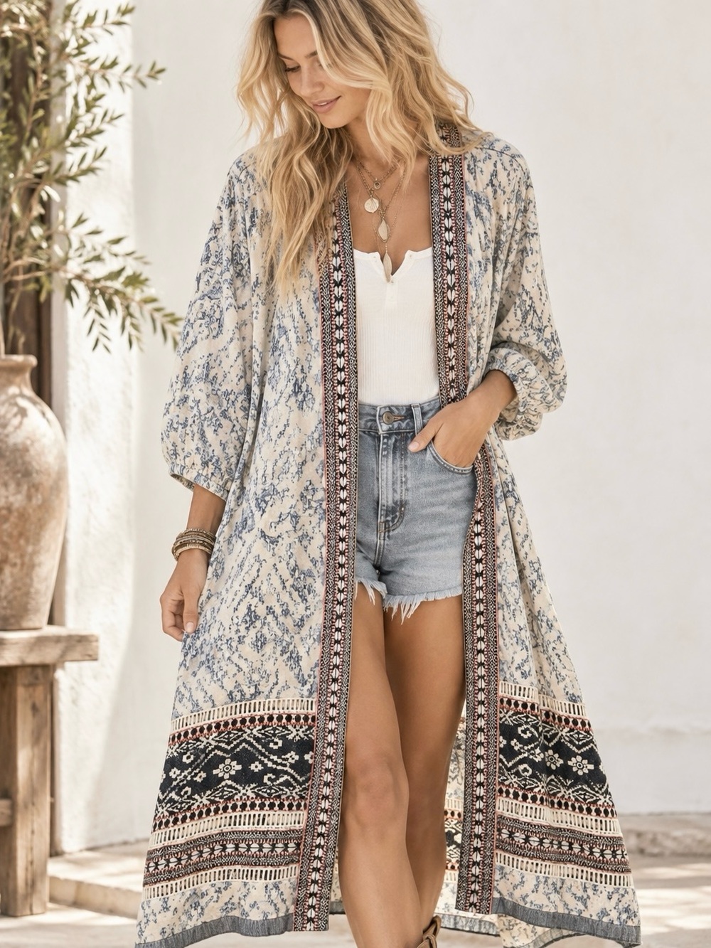 Maeve Anthropologie Arwin Kimono Duster XS/S Cotton Boho Geometric Cardigan